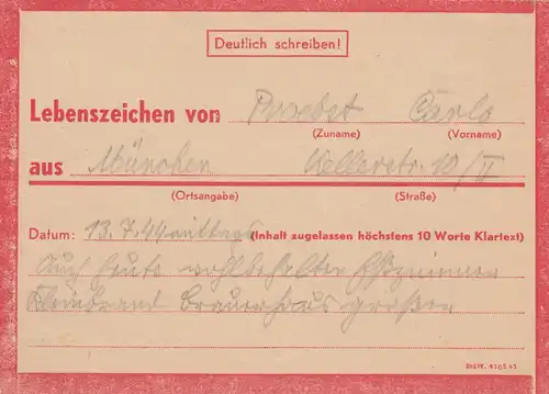 Eilnachricht /Lebenszeichen Postkarte München nach Garmisch 13.7.44