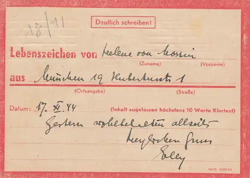 Eilnachricht /Lebenszeichen Postkarte München nach Garmisch 17.11.44
