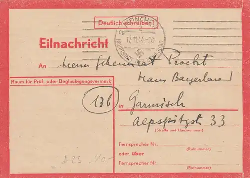 Eilnachricht /Lebenszeichen Postkarte München nach Garmisch 17.11.44