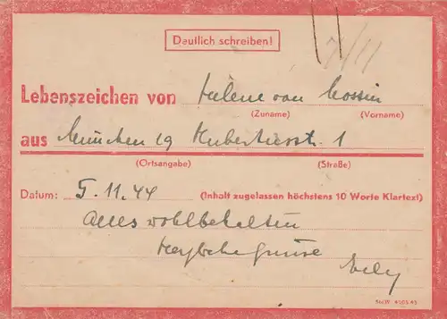 Eilnachricht /Lebenszeichen Postkarte München nach Garmisch 5.11.44