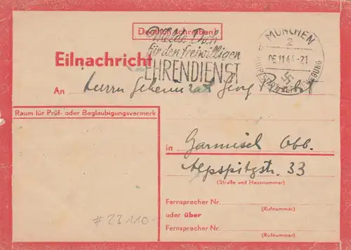 Eilnachricht /Lebenszeichen Postkarte München nach Garmisch 5.11.44