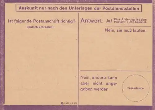 Eilauftrag Prüfung Postanschrift, 5431 43 2 D, blanko