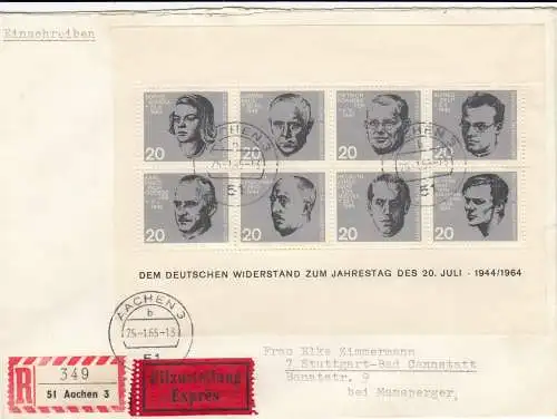 Bonn Einschreiben /Eilbote mit Widerstandskämpfer Block 1964, 25.1.65 Aachen