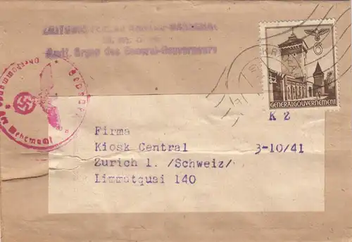 GG Zeitungsstreifband, an Kiosk Central, Zürich mit Zensur, selten