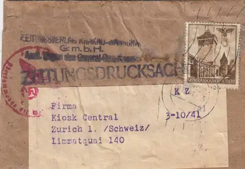 GG Bande de journaux, à Kiosk Central, Zurich avec censure en 1941, rare