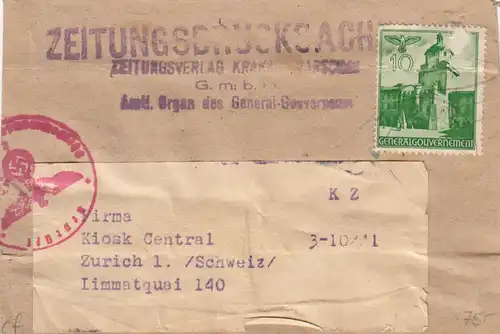 GG Zeitungsstreifband Kiosk Central, Zurich, Weekend, 10 Gr. EF, Censur