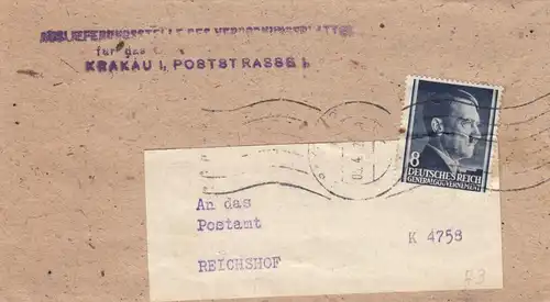 GG Zeitungsdrucksache Streifband Krakau an Postamt Reichshof