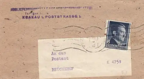 GG Zeitungsdrucksache Streifband Krakau an Postamt Reichshof