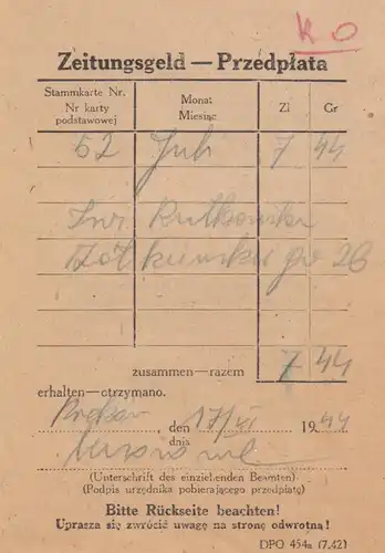 GG Formular: Zeitungsgeld Krakau  DPO 454a (7.42)