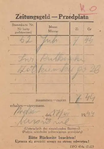 GG Formular: Zeitungsgeld Krakau  DPO 454a (7.42)