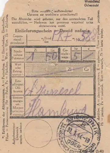 Formulaire GG: lettre de livraison DPO 449 (3.41), Wierzbnik EF 20 Gr à Hambourg