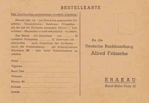 GG Formular: Postkarte, Vordurck Alfred Fritzsche Krakau -Bestellkarte