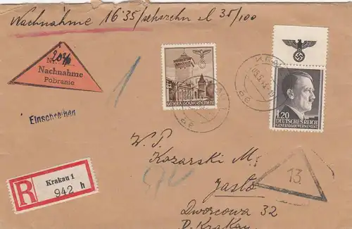 GG Nachnahme R-Brief Krakau nach Jaslo, Porto 124, Oberrand