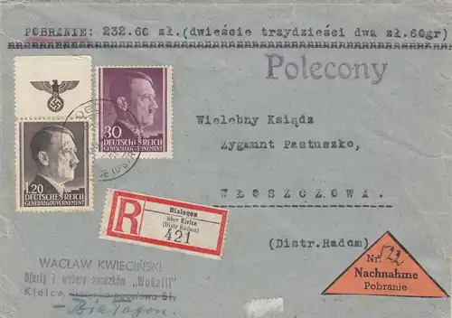 GG Nachnahme R-Brief Bialogen nach Wloszczowa, Porto 148, Oberrand HHZ