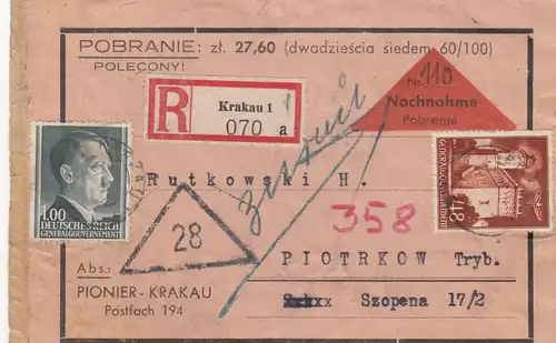 GG Nachnahme R-Briefausschnitt, portogerecht von Krakau nach Piotrkow und zurück