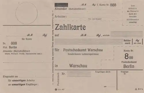 Formulaire GG: Carte de paiement PSA Berlin à l'Office des chèques postaux de Varsovie - économies de salaires