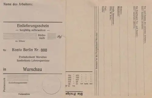 GG Formular: Zahlkarte PSA Berlin an Postscheckamt Warschau - Lohnersparnisse