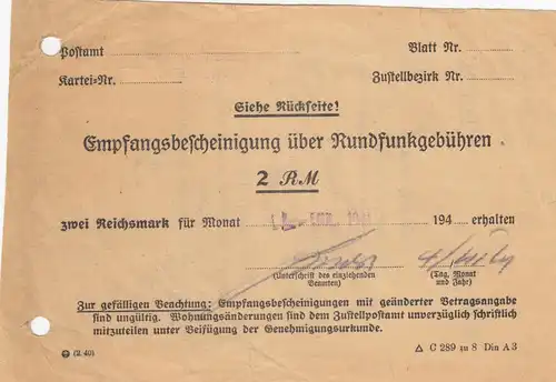 Empfangsbescheinigung über Rundfunkgebühren Oberschleßien 2 RM 1941