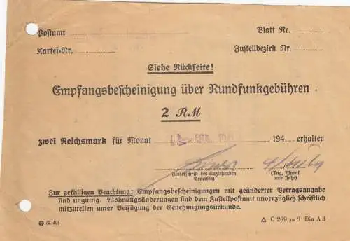 Empfangsbescheinigung über Rundfunkgebühren Oberschleßien 2 RM 1941