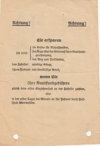 Empfangsbescheinigung über Rundfunkgebühren Oberschleßien 2 RM 1941