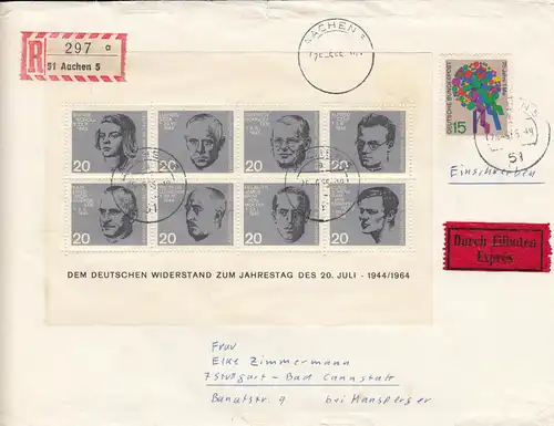 Block, contre-résistant 1965, courrier recommandé Aachen vers Bad Cannstatt