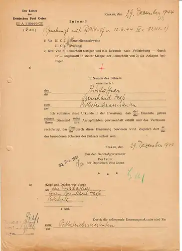 Formulaire GG: e.a. Documents Transport Agent de protection postale, 29.12.44, très tard