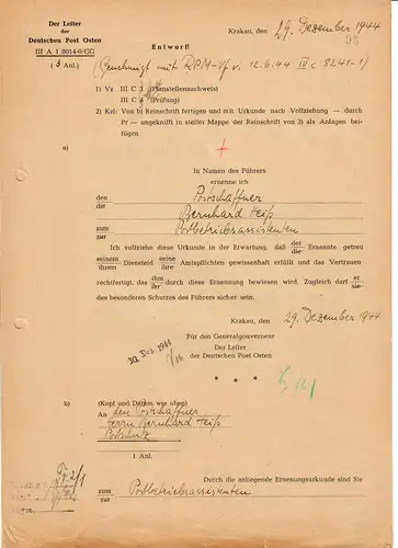 GG Formular: versch. Dokumente Beförderung Postschutzmann, 29.12.44, sehr spät