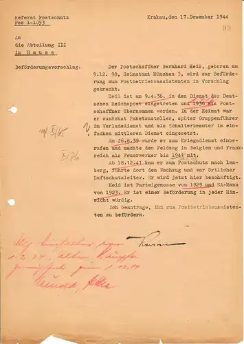 GG Formular: versch. Dokumente Beförderung Postschutzmann, 29.12.44, sehr spät