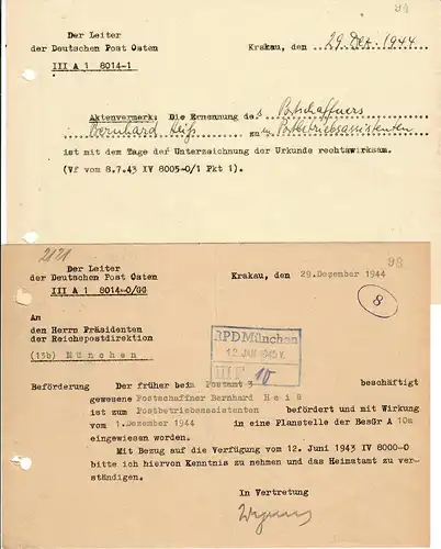 Formulaire GG: e.a. Documents Transport Agent de protection postale, 29.12.44, très tard