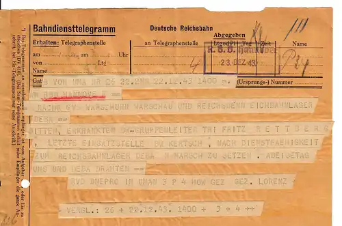 Formulaire GG: Télégramme ferroviaire: Varsovie - Hanovre, formulaire rare 1943