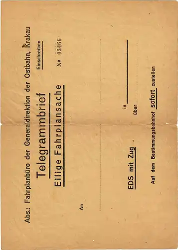 Formulaire GG: Lettre de télégramme Cause de feuille de route rapide, chemin de fer Est de Cracovie, Mittelbug, EDS