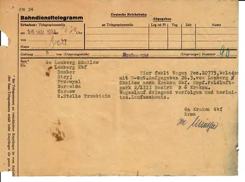 Formulaire GG: Télégramme ferroviaire de Cracovie-Lemberg; Détection parc aérien, SELTEN