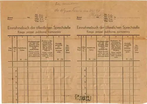 GG: Formular DPO Einnahmebuch Sprachstellen als Telegrammformular: Polen 1950/52