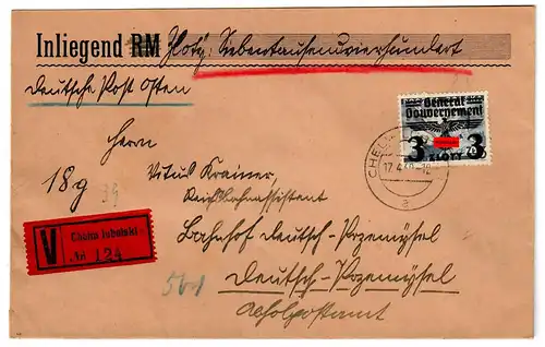 Lettre de valeur GG Chelm-Lubelski selon Dt. Przemysl, belle EF, presque portojuste