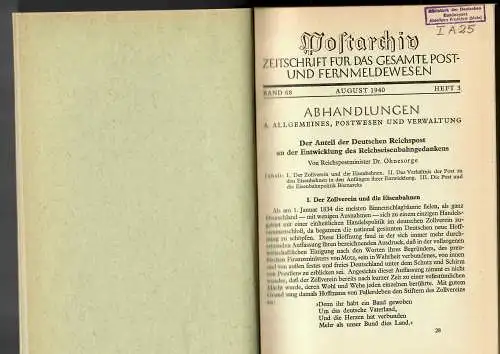 Postarchiv: Band 68, 1940, Heft 3, gebunden, Themen siehe Beschreibung