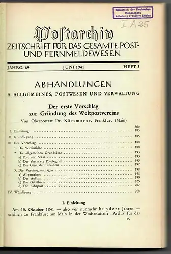 Postarchiv: Band 69, 1941, Heft 3, gebunden, Themen siehe Beschreibung