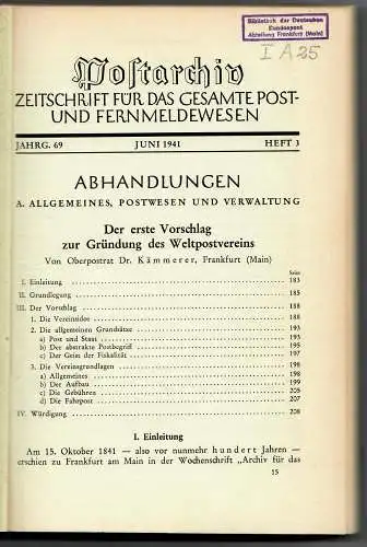 Postarchiv: Band 69, 1941, Heft 3, gebunden, Themen siehe Beschreibung