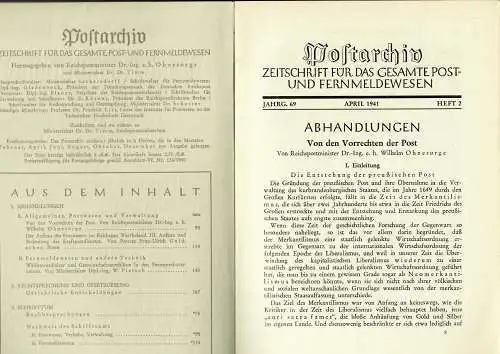 Postarchiv: Band 69, 1941, Heft 2, gebunden, Themen siehe Beschreibung