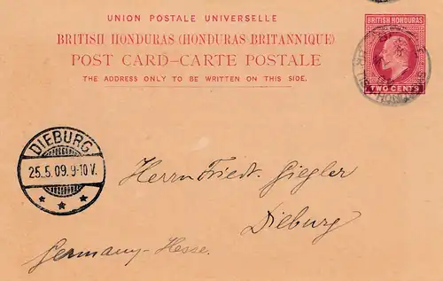 Honduras: 1909 post card to Dieburg