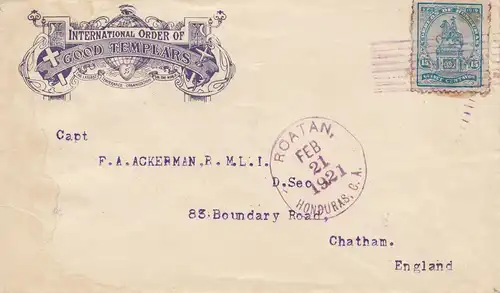 Honduras: 1921: letter Roatan to Chatham en Angleterre