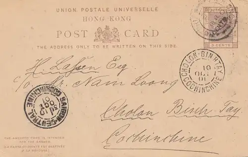 Hong Kong: 1901: Post card to Cholon Binhtay, Cochinchine - Indochina