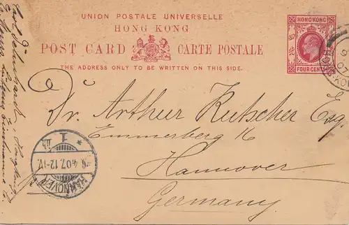 Hong Kong: 1907: post card to Hannover