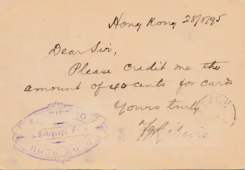 Hong Kong: 1895: post card to Montenegro