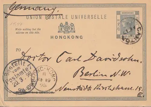 Hong Kong: 1898: post card to Berlin