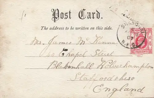 Hong Kong: 1907: Shanghai post card to Staffordshire/Angleterre