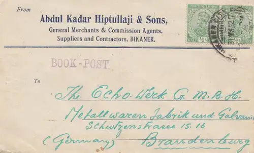India: 1922 Bikaner to Brandenburg/Germany, Book-post, Pakistan Perfumery