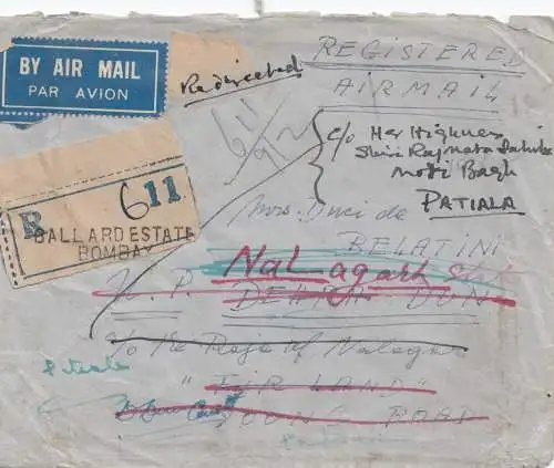 India: Registered air mail Gallard Estate Bombay to Patiala - forwarded