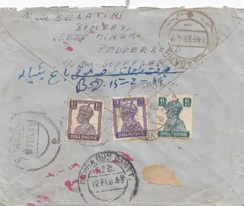 India: Registered air mail Gallard Estate Bombay to Patiala - forwarded