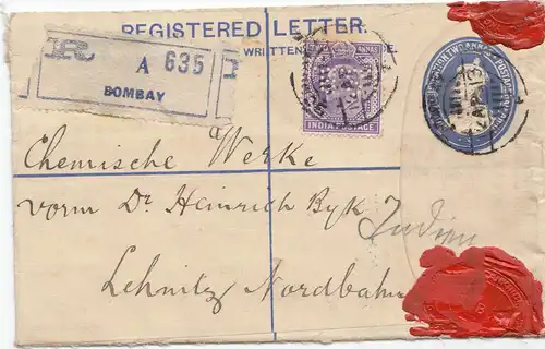 India: 1913: registered Bombay to Lehnitz/Germany, Perfin