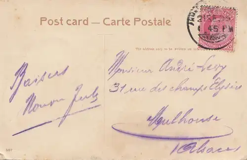 India 1909: post card Ahmedabad to Mulhouse